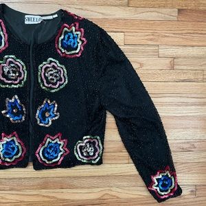 Vintage Cropped Black Silk Beaded & Sequin Jacket